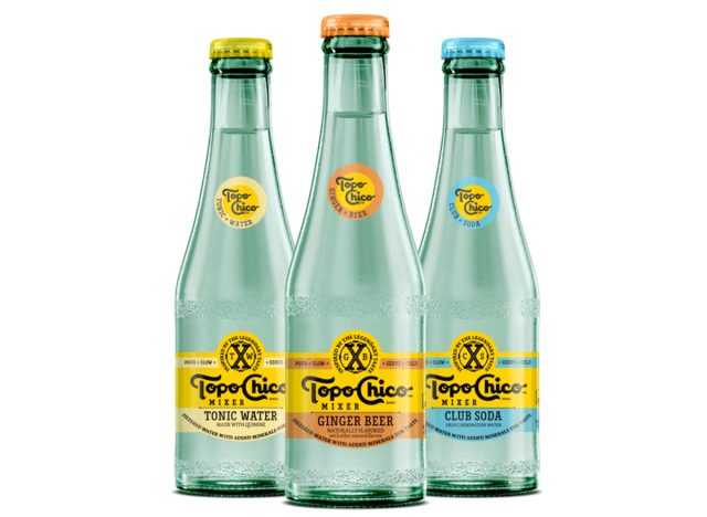 bottles of topo chico mixers, including tonic water, ginger beer, and club soda