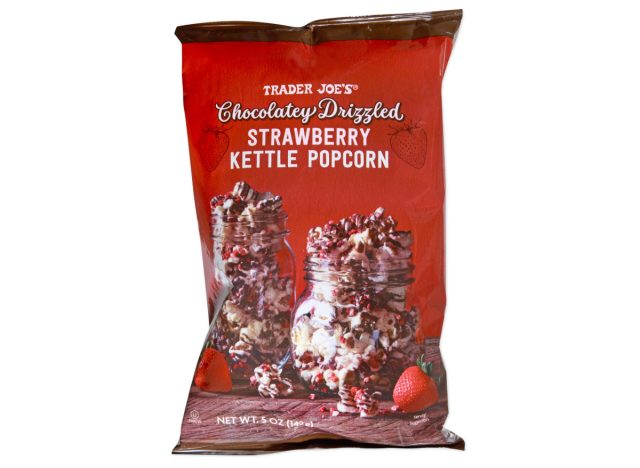 bag of trader joe's chocolatey drizzled strawberry kettle popcorn