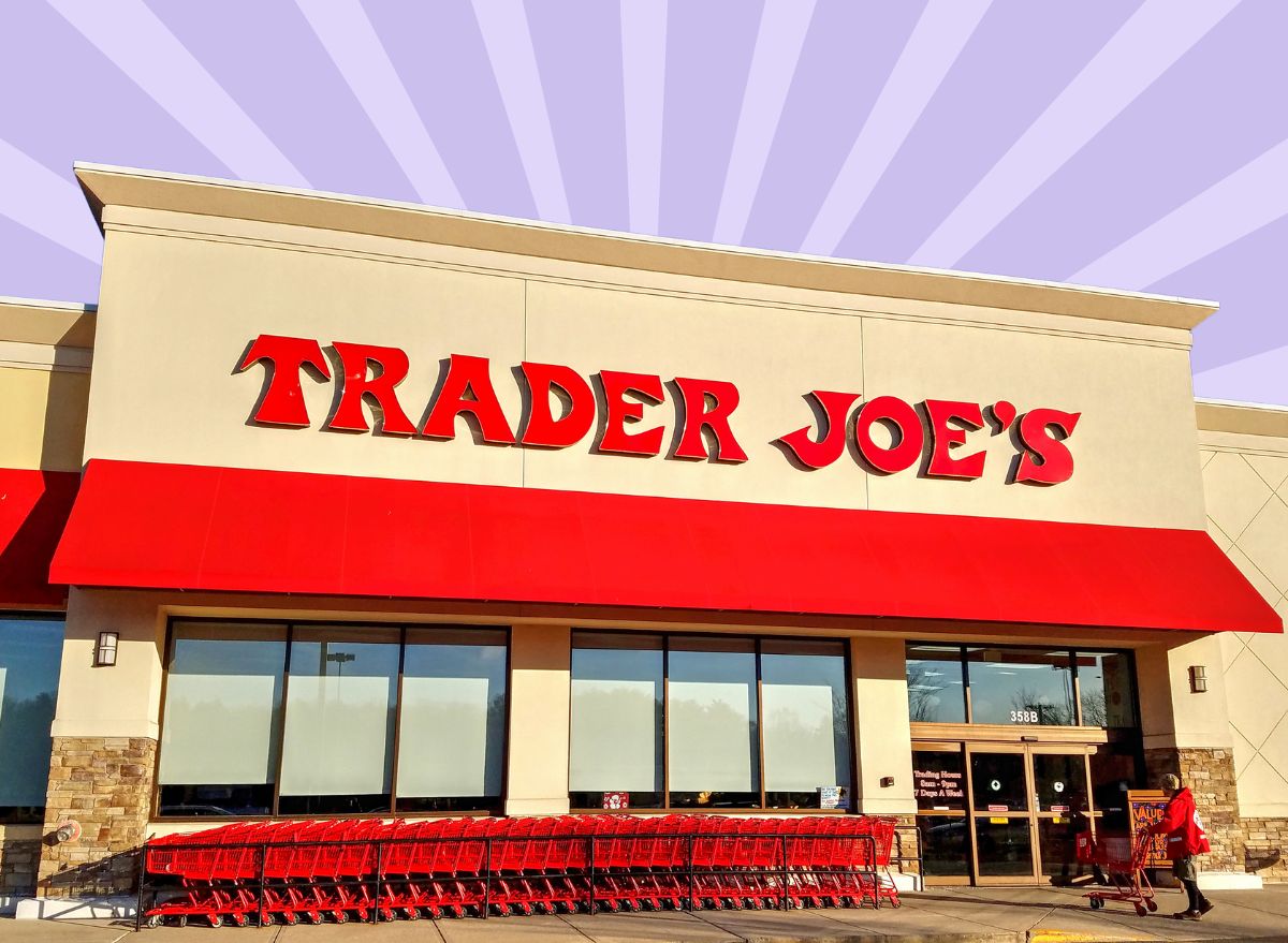 trader joe's storefront on a lavender background