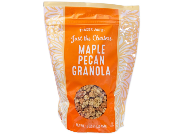 trader joe's maple granola bag on a white background.