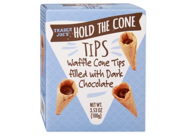 box of trader joe's waffle cone tips filled with dark chocolate