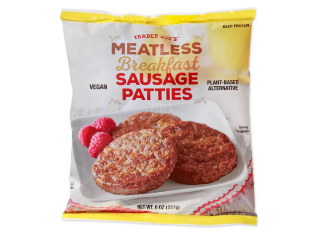 trader joe's meatless patties on a white background.