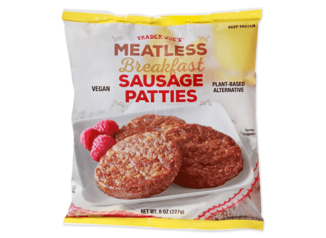 trader joe's meatless patties on a white background.