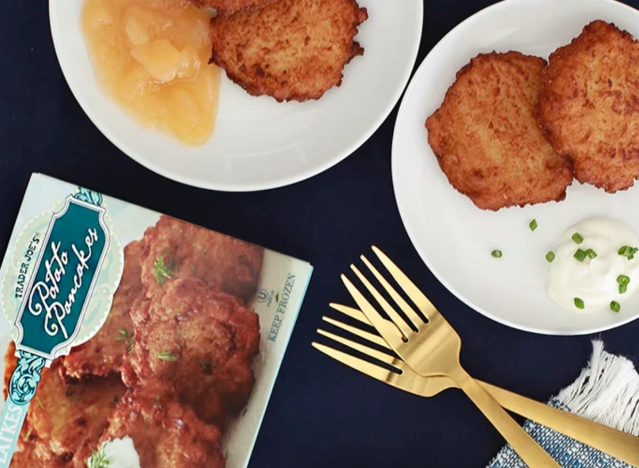 trader joe's potato pancakes on plates.