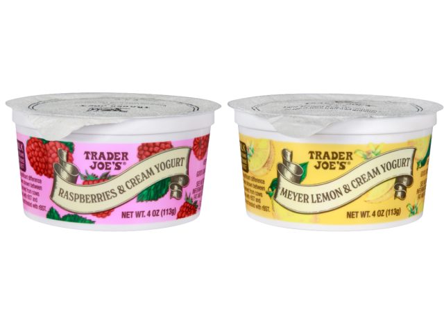 containers of trader joe's raspberries & cream yogurt and meyer lemon & cream yogurt