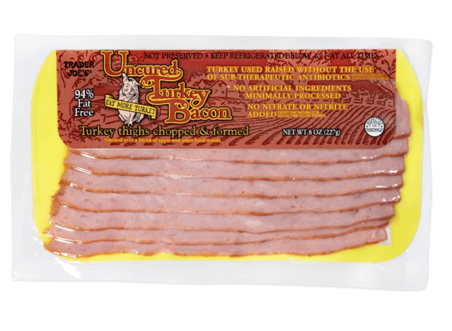 trader joe's turkey bacon on a white background.