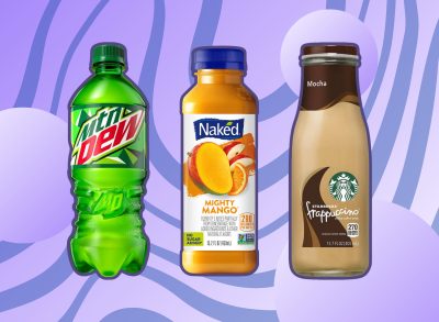 collage of soda bottled smoothie and iced coffee high in sugar on a designed background