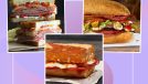 unhealthiest sandwich chain sandwiches collage on a designed purple background