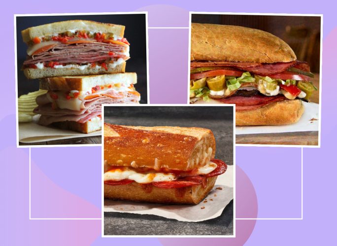 unhealthiest sandwich chain sandwiches collage on a designed purple background