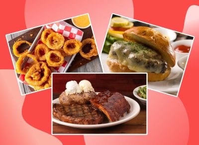 three photos of menu items on a red background