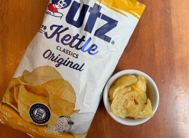 utz kettle chips in a bag and a bowl.