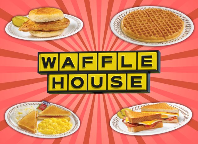 collage of healthy menu options around a waffle house sign on a designed background