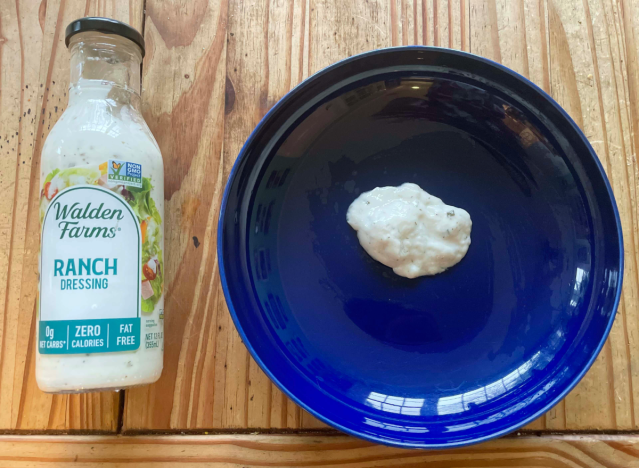 walden farms ranch bottle and blue plate.