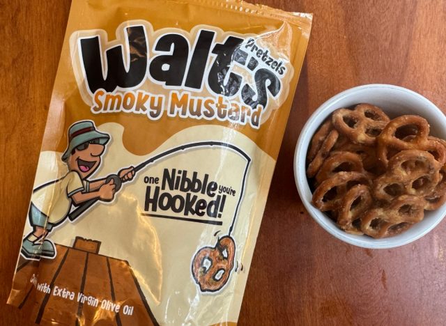 walts mustard pretzels in a bag and a small bowl.