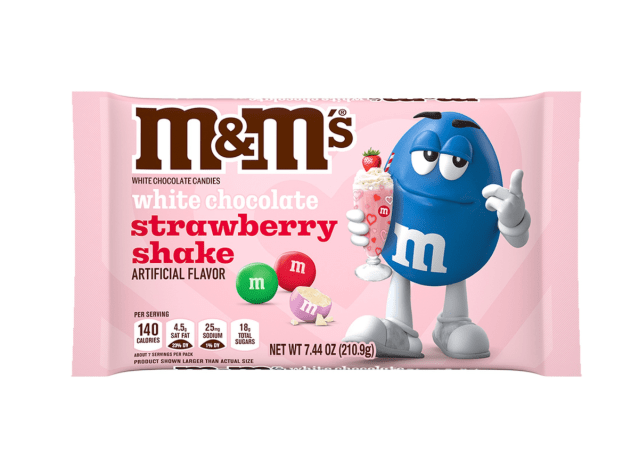 a bag of white chocolate strawberry shake m & m's on a white background.