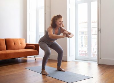 happy senior woman doing squats exercise on yoga mat in bright apartment living room