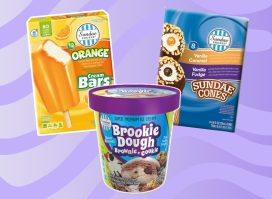 A trio of frozen desserts from Aldi against a colorful background