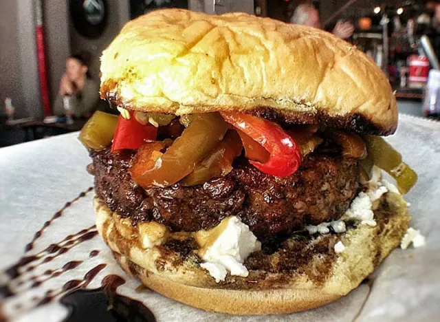 Closeup of the burger at the Baroness in Long Island City, N.Y.