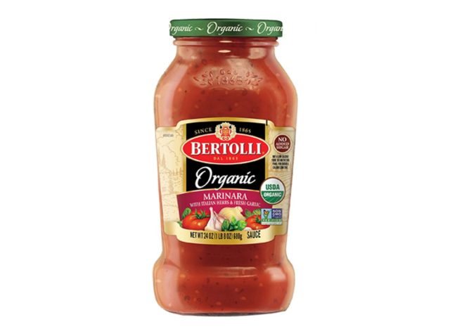 jar of Bertolli marinara sauce on a white background