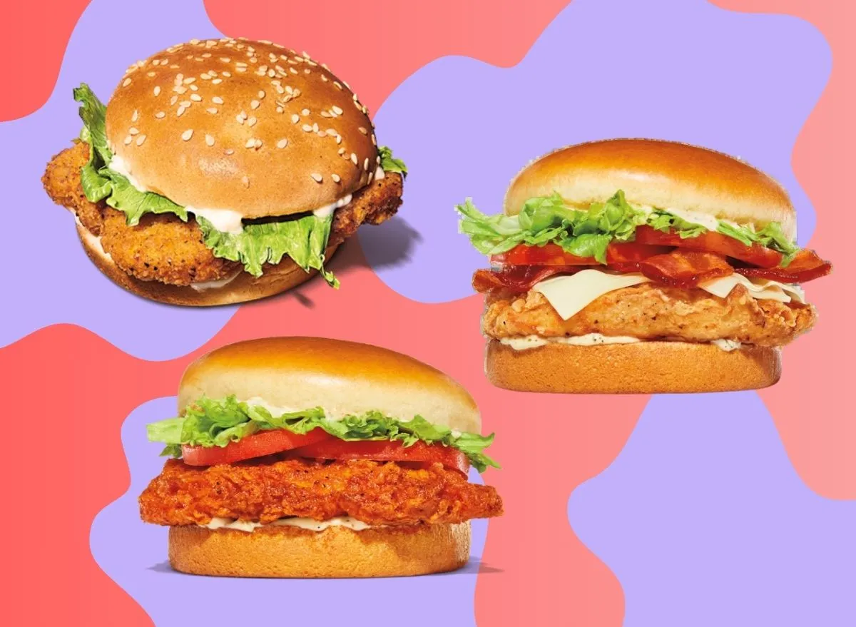 A trio of Burger King chicken sandwiches against a colorful background