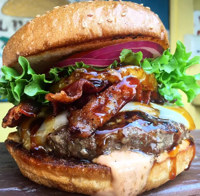 Closeup of a burger at Sylvester's in southern California