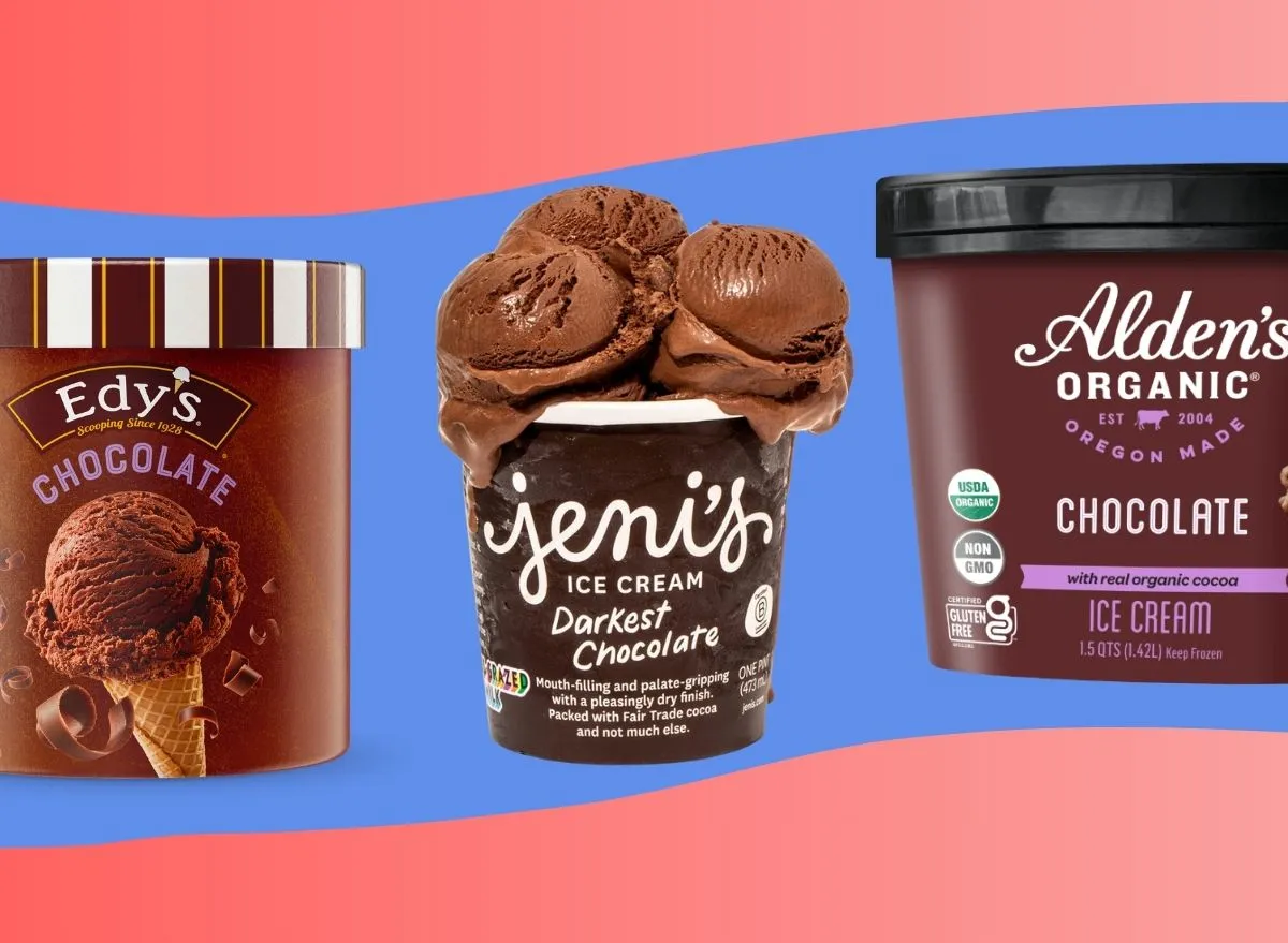 A trio of chocolate ice cream brands against a colorful background