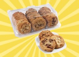 A variety pack of three cookies from the Costco bakery against a colorful background