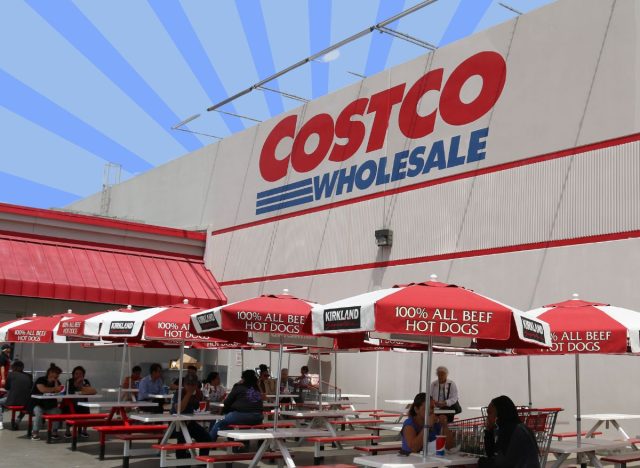 The outdoor food court area at Costco against a colorful background
