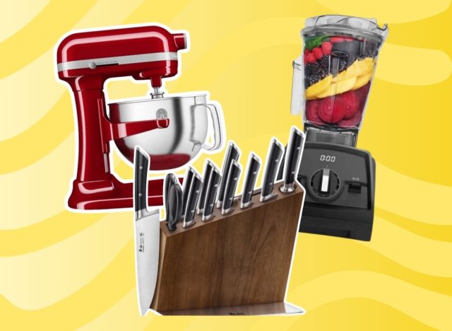 An array of Costco kitchen gear against a colorful background