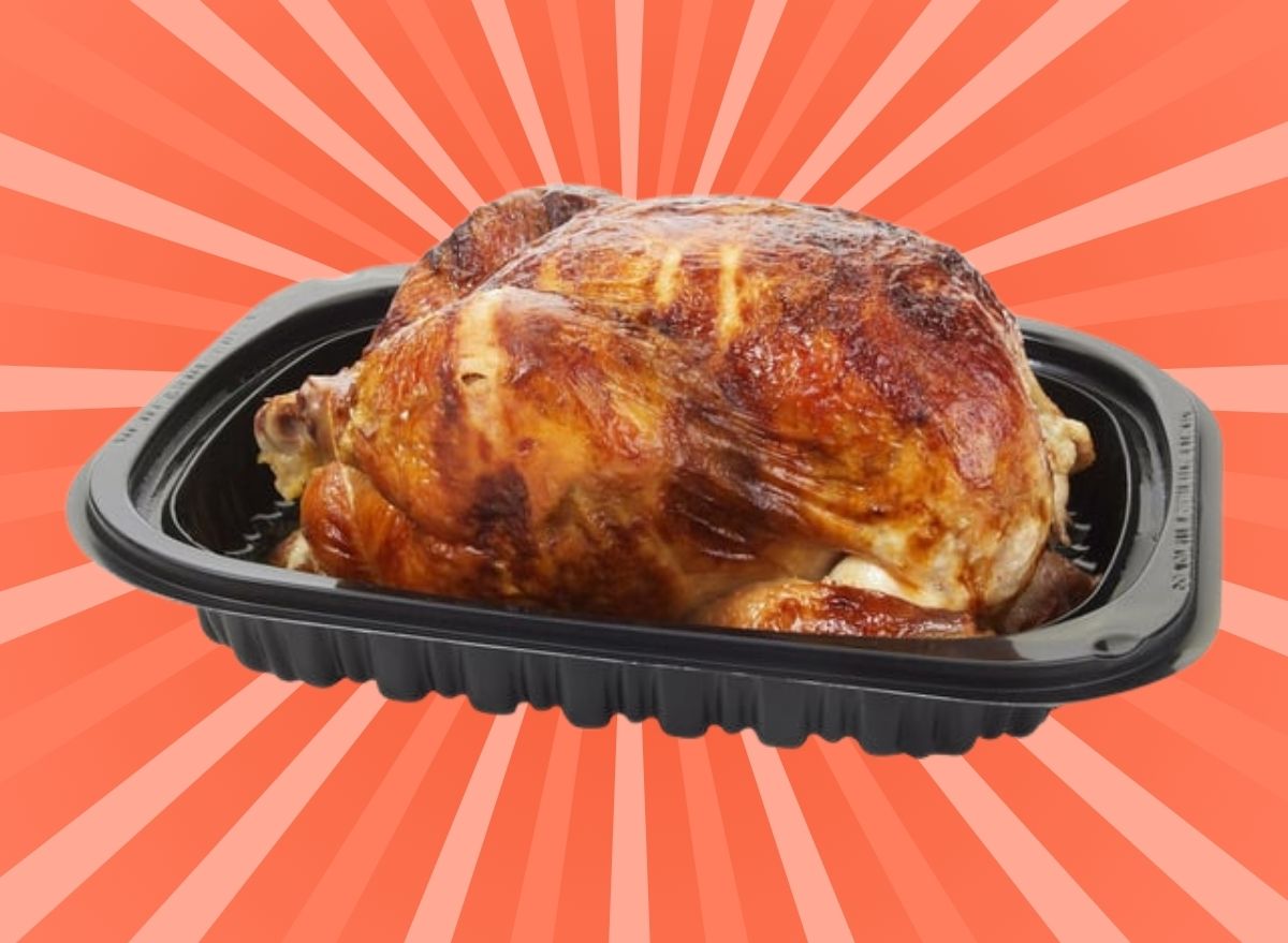 Costco rotisserie chicken on striped red background