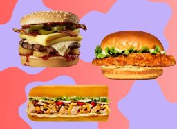 A trio of fast-food sandwiches against a colorful background