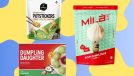 A trio of frozen dumpling brands against a colorful background