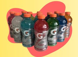 A pyramid of Gatorade bottles set against a colorful background