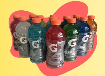 A pyramid of Gatorade bottles set against a colorful background