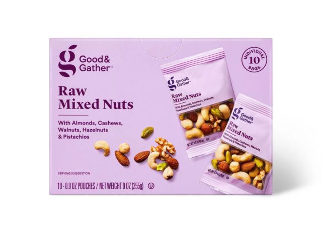 purple box of mixed nuts on a white background