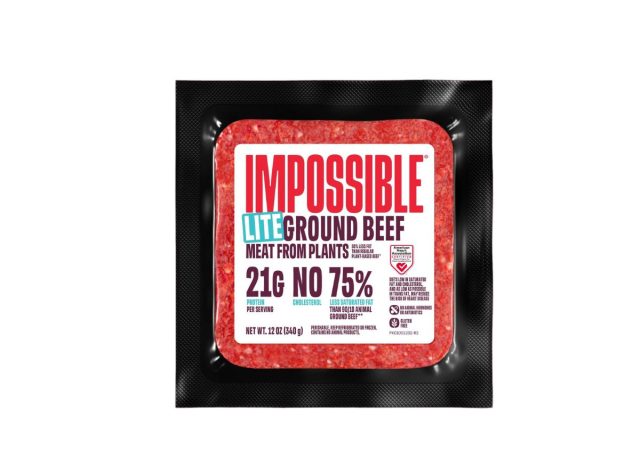 package of Impossible ground beef on a white background