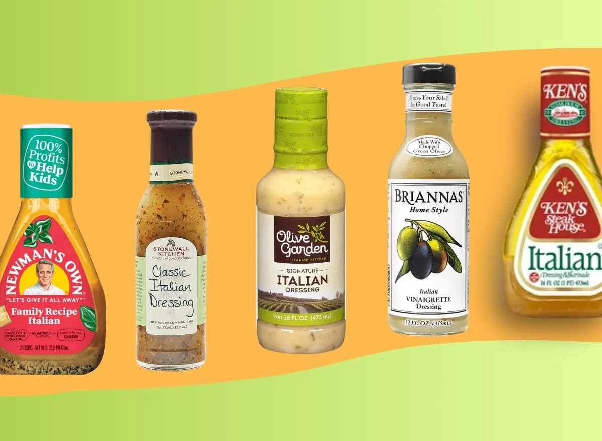 An array of bottled Italian salad dressings set against a colorful background