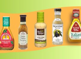 An array of bottled Italian salad dressings set against a colorful background