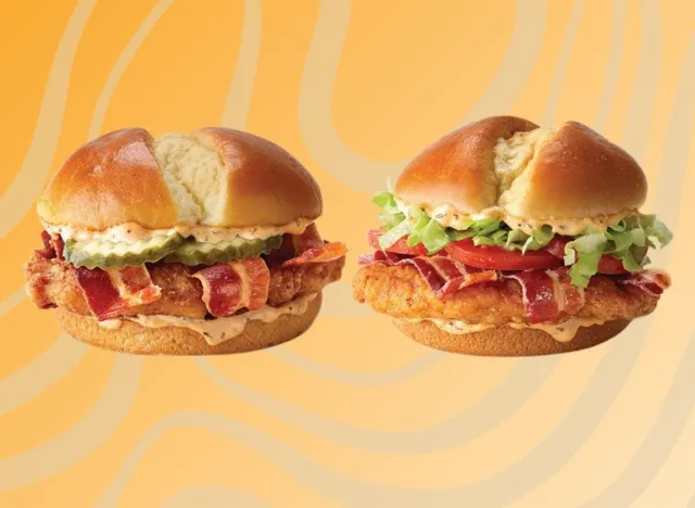 McDonald's Bacon Cajun Ranch McCrispy sandwiches on patterned orange background