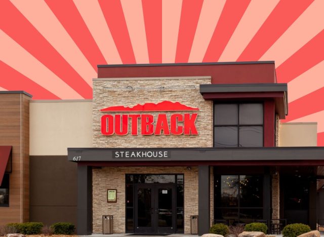 front of Outback Steakhouse restaurant on pink and red background