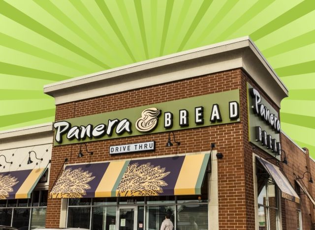 front of Panera on a green background