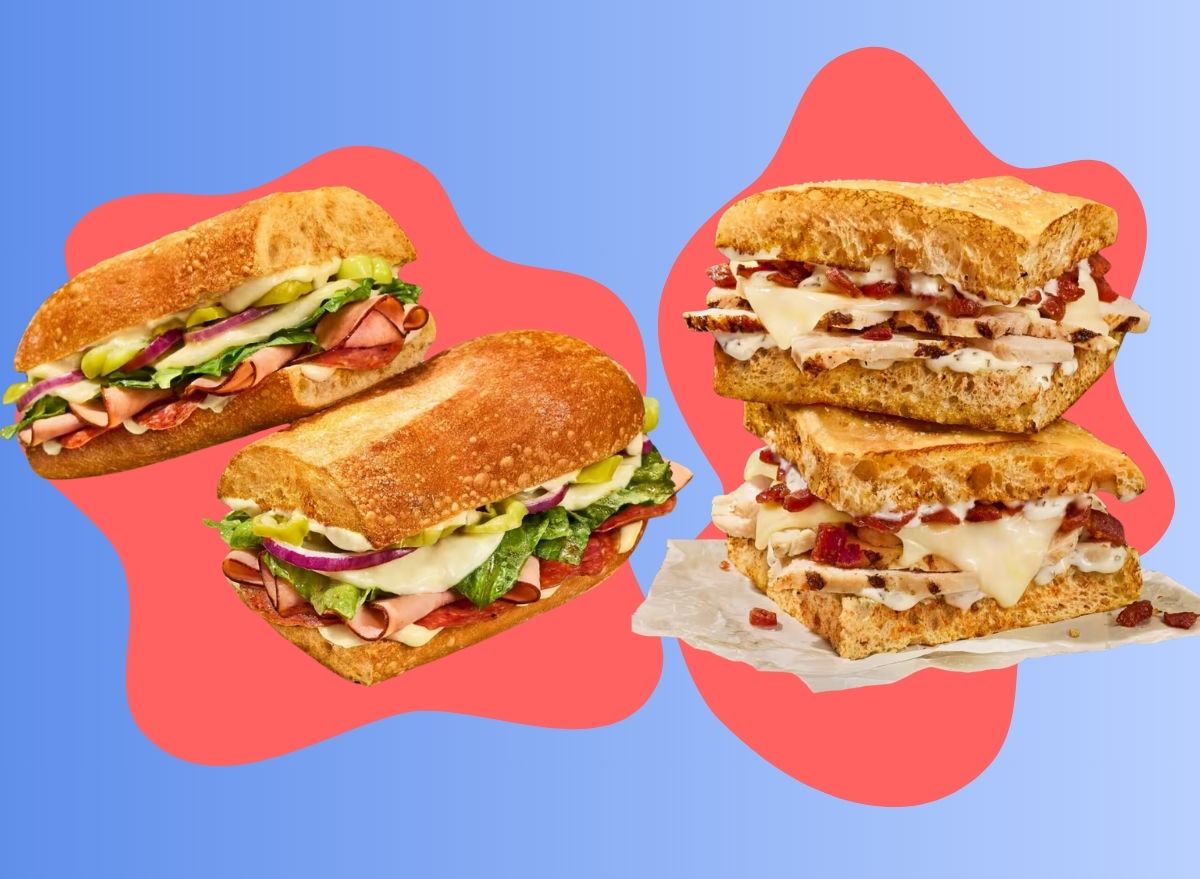 A pair of new sandwiches from Panera Bread against a colorful background