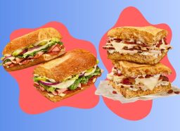 A pair of new sandwiches from Panera Bread against a colorful background