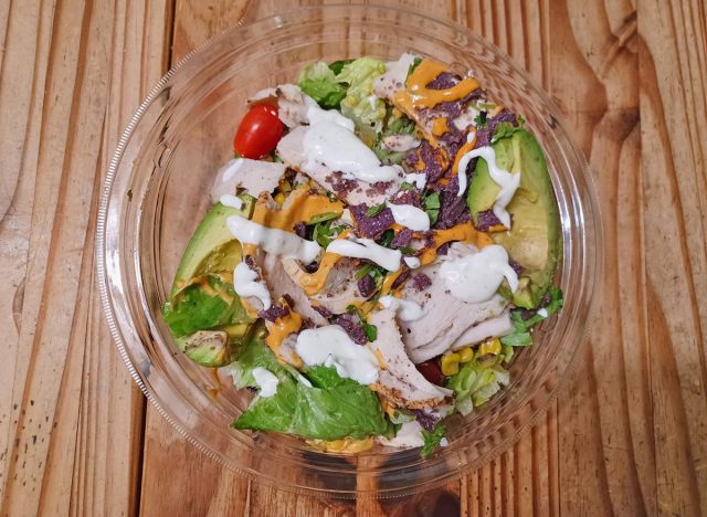 The new Southwest Chicken Ranch Salad from Panera Bread on a wooden table