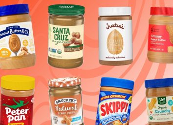 An array of peanut butter brands against a colorful background