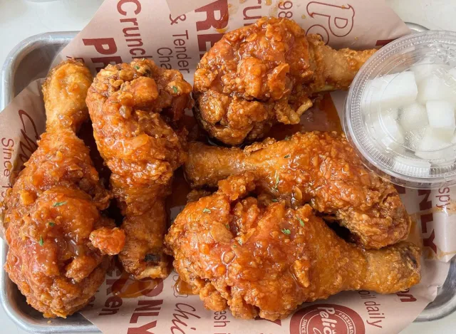 A closeup of Korean-style fried chicken from the Pelicana Chicken restaurant chain