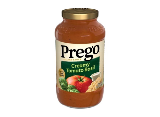 jar of Prego Creamy Tomato Basil on a white background