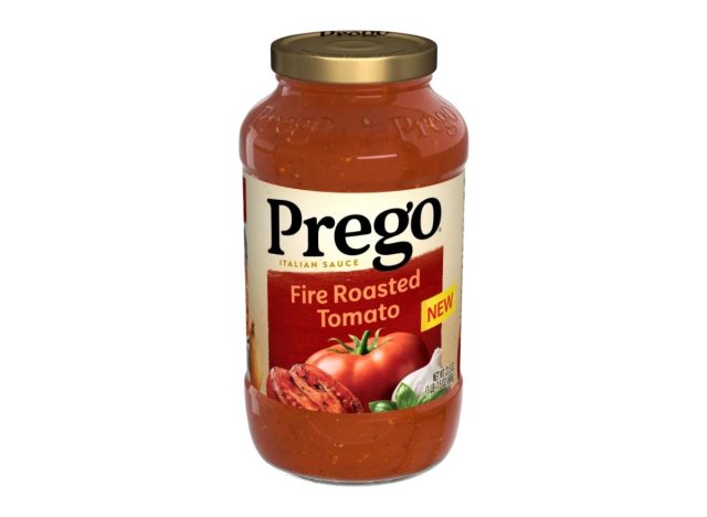 jar of Prego pasta sauce on a white background