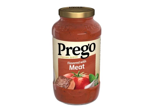 jar of Prego meat sauce on a white background