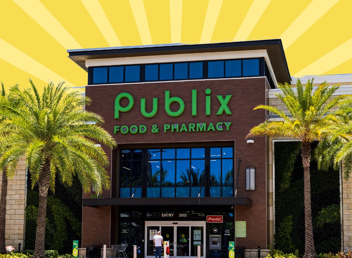 Storefront of a Publix supermarket amid palm trees down South